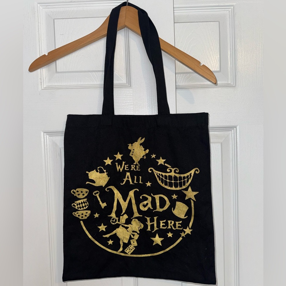 💥SALE ‘We’re All Mad Here” Tote Bag | Alice in Wonderland Quote | Black & Gold